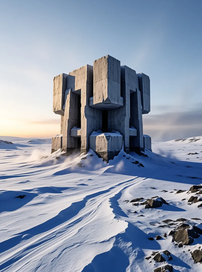 Massive interlocking grey blocks stand above drifting snow as low winter sun rakes across the frozen plain.