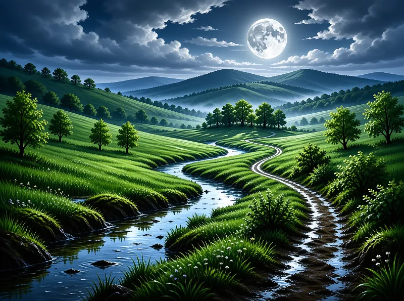 A narrow river and a footpath curve together through vivid green slopes under a large moon in heavy cloud