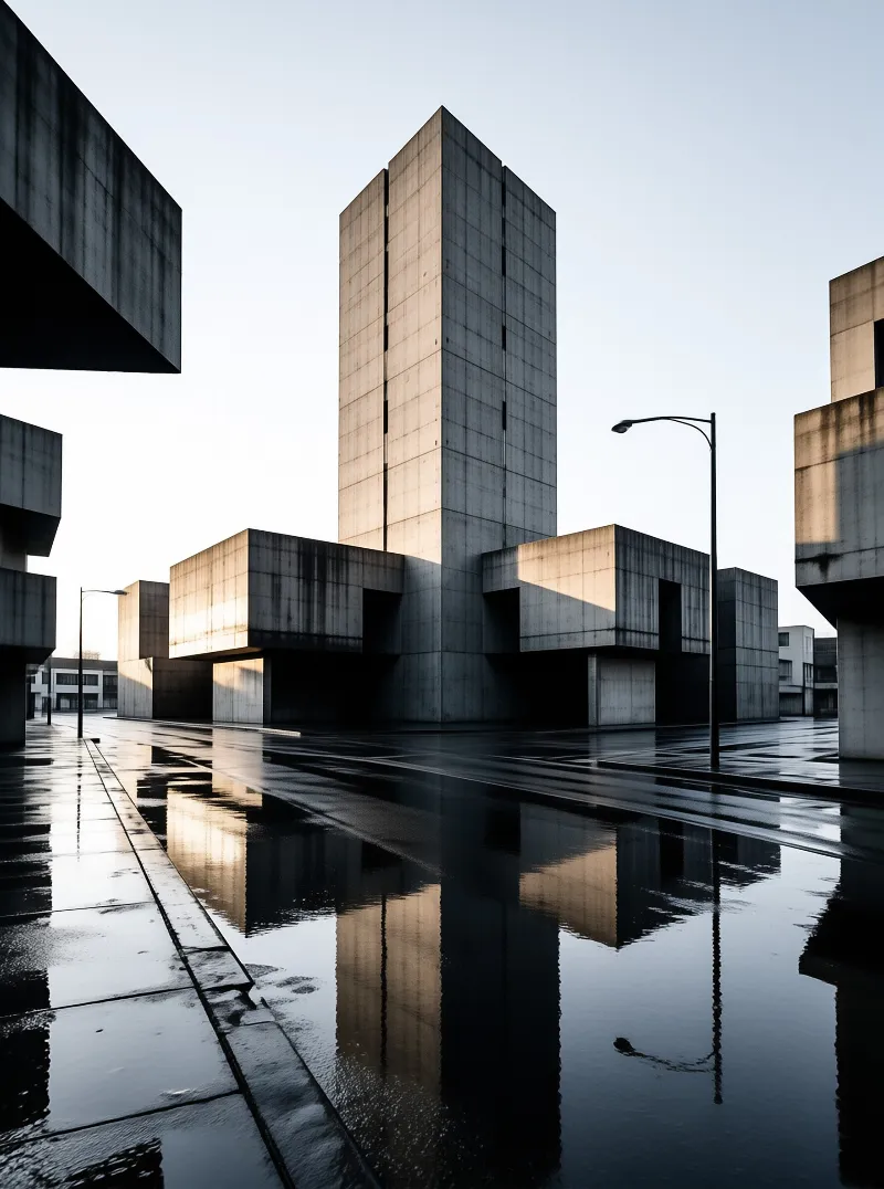 A tall grey concrete building stands next to wet pavement that mirrors its sharp geometric shapes under soft evening light.