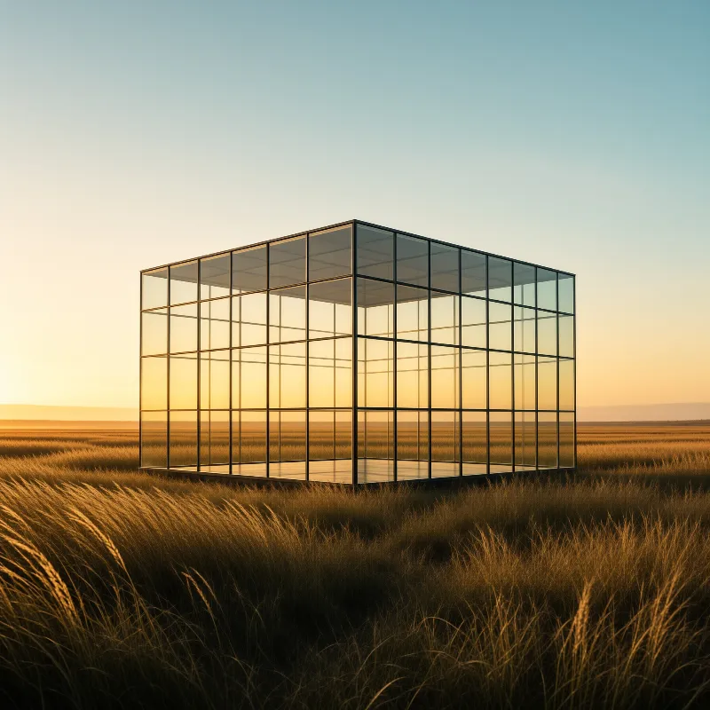A transparent glass cube stands alone among tall golden grass glowing in the sunset.