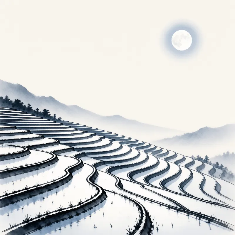 Illustration of blue water terraces winding up a misty mountain slope with a bright moon shining above.