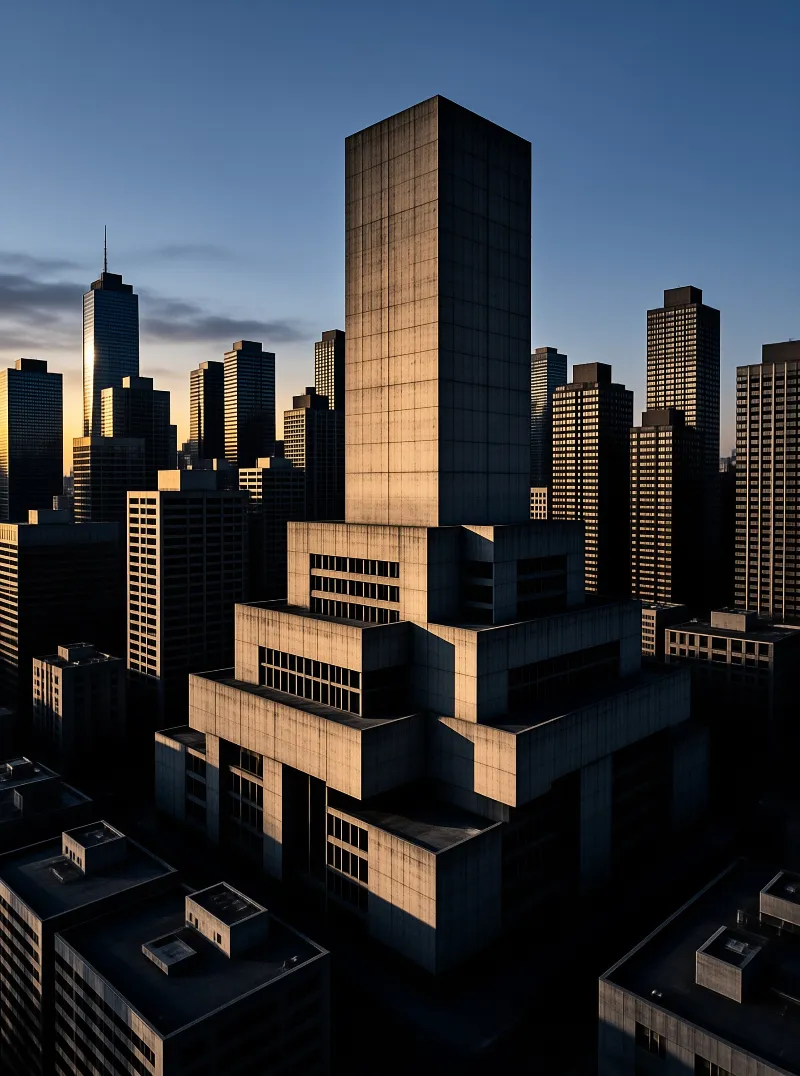 A massive stepped concrete skyscraper catches warm golden light against a blue sky and surrounding glass towers.