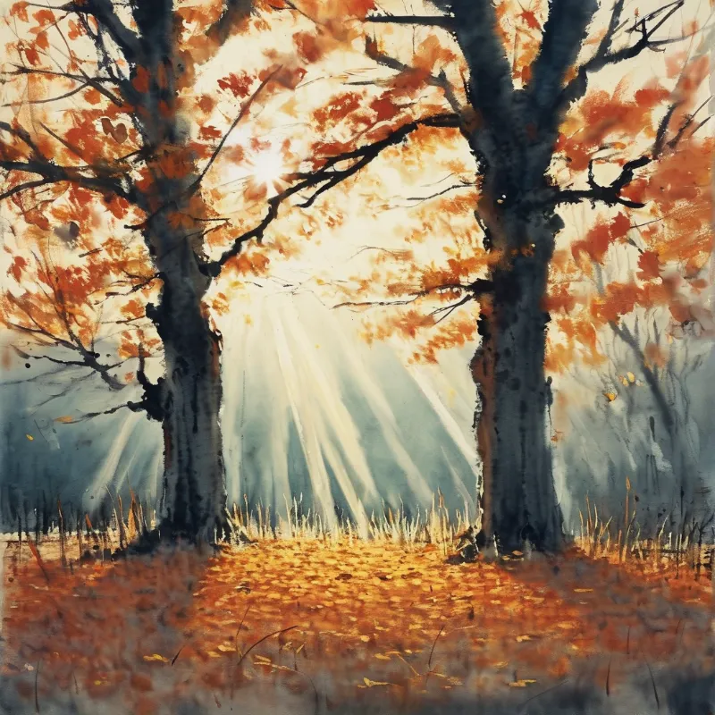 Two trees with autumn leaves stand in a sunlit forest golden light rays filter through branches and illuminate fallen leaves
