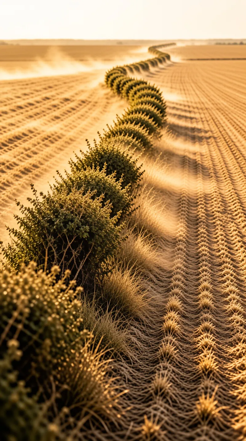 Green shrubs form a line along textured soil rows bathed in warm sunset light.