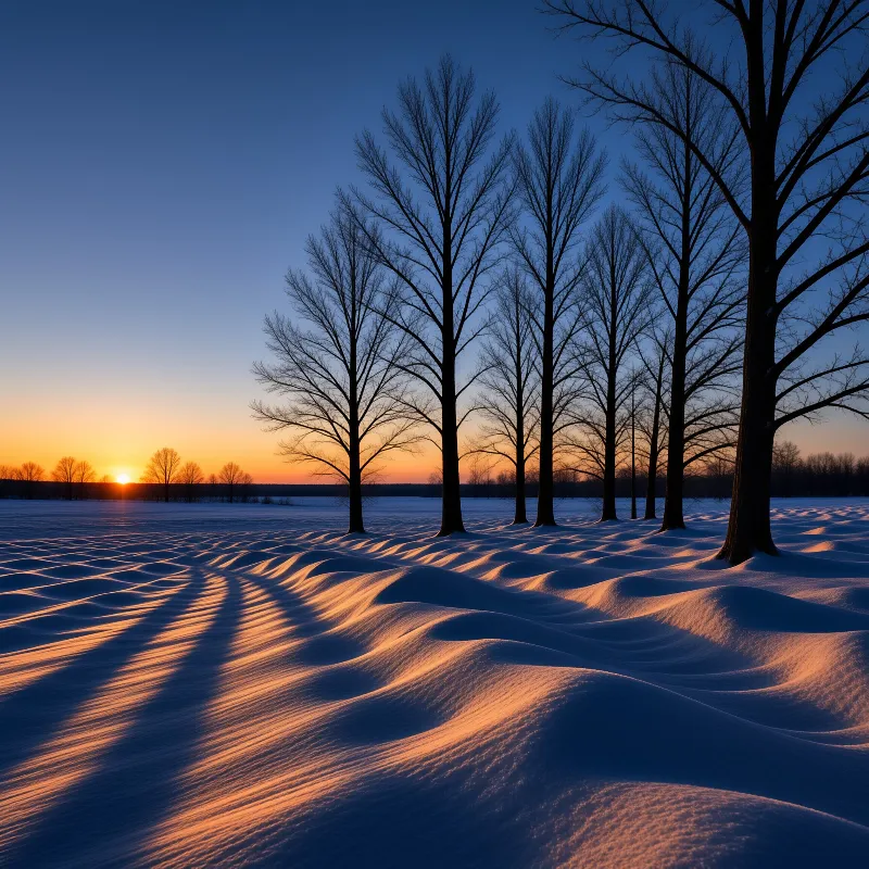 Winter landscape shows dry branches alongside bright orange sunrise glow