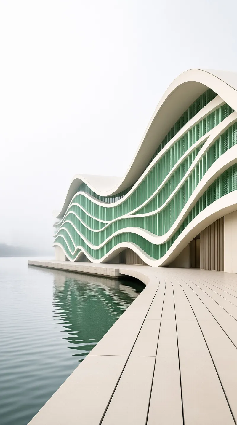 White curved architecture with green glazing extends along a waterfront path under soft diffuse lighting.