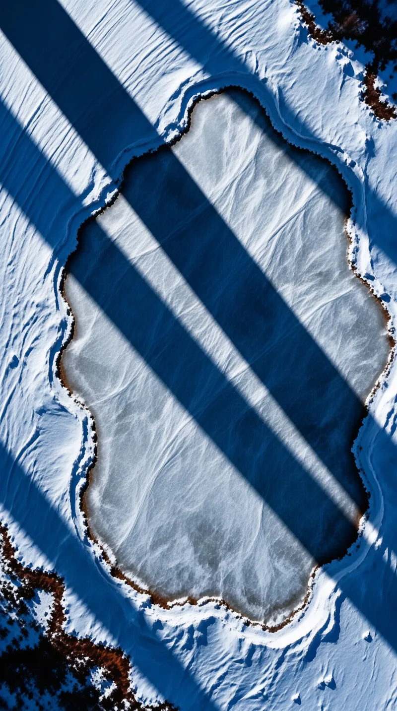 An aerial view of a small frozen lake ringed by snow, crossed by long diagonal shadows cast in cold winter light.