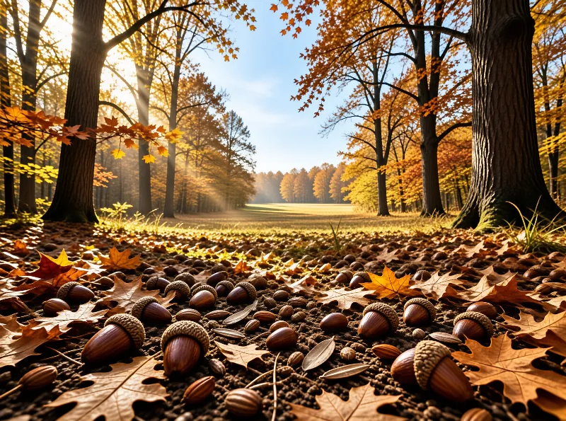 Acorns and brown leaves cover the soil beneath tall trees with orange foliage as sunlight streams through the branches.