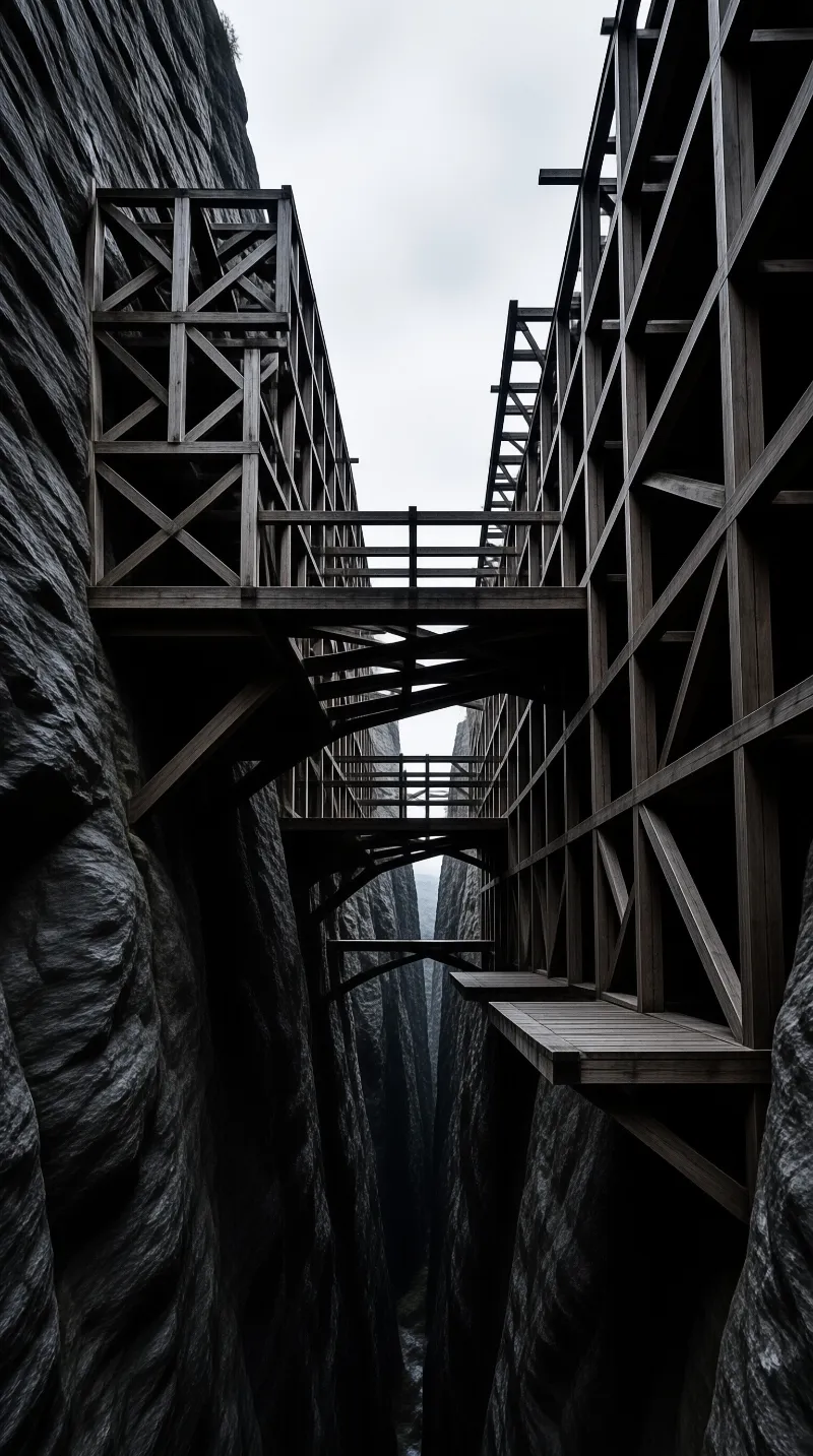 A massive wooden railway trestle spans a narrow canyon between dark vertical rock walls.
