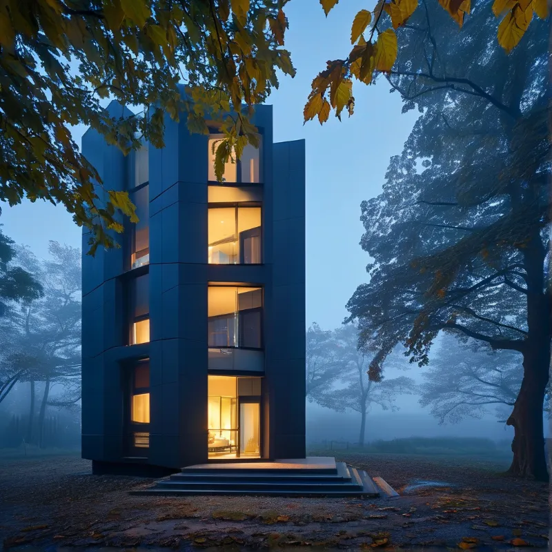 A tall dark blue residential tower stands surrounded by foggy trees with yellow autumn leaves while warm yellow light shines from its large windows during the blue hour.