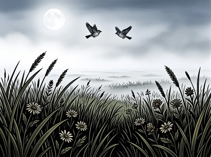 Two small birds fly above a foggy marsh with tall grass and white daisy blooms under a pale full moon in the cloudy sky
