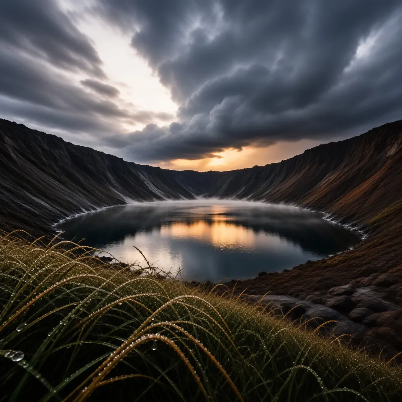 Calm crater lake reflects golden sunlight breaking through dark clouds while mist hovers above the surface near dewy grass.