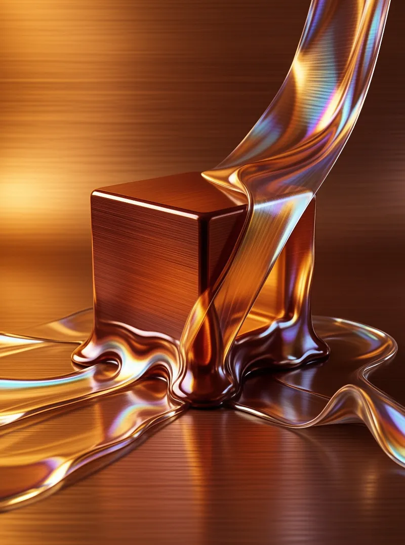 A glossy rectangular prism rests on a reflective floor as a stream of iridescent molten substance curves around it.