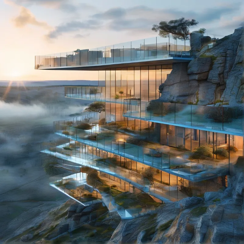 A multi-level glass house cantilevered from a rocky cliff overlooks a misty valley as the sun rises over distant hills
