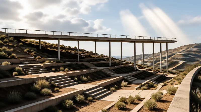 Concrete bridge on pillars spans terraced hills with stairs and sparse plants under dramatic sun rays.
