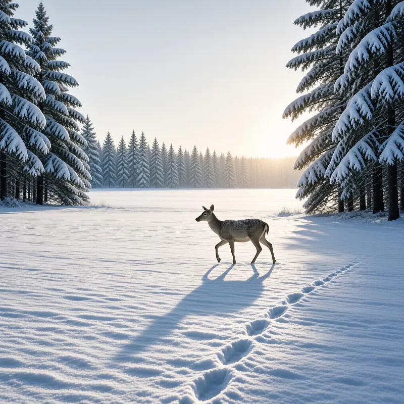 A lone deer walks across a pristine snow-covered clearing flanked by tall pine trees laden with white frost during the soft golden light of dawn.