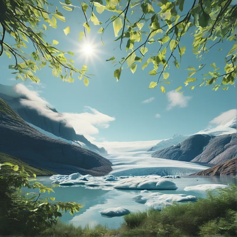 Bright summer sun shines over a turquoise lagoon where icebergs drift below a glacier between rocky snow-dusted peaks.
