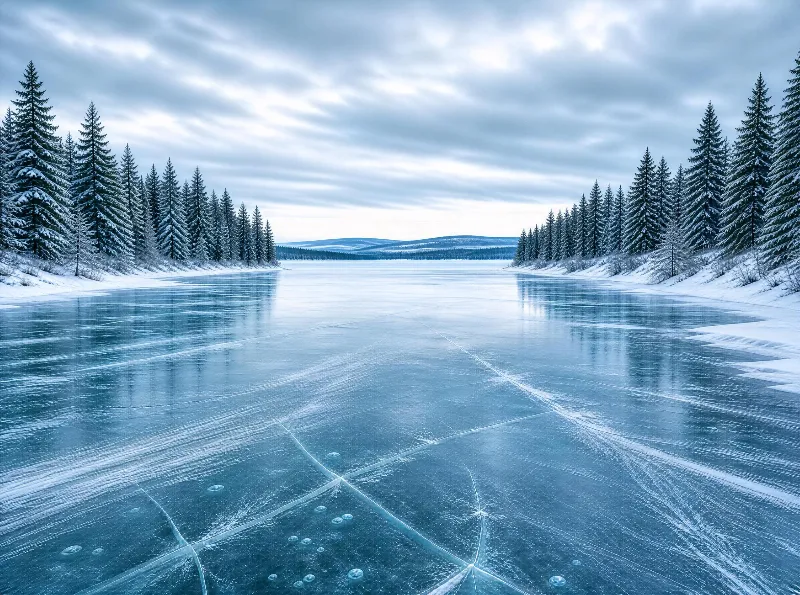 Frozen Lake with Snowy Pines