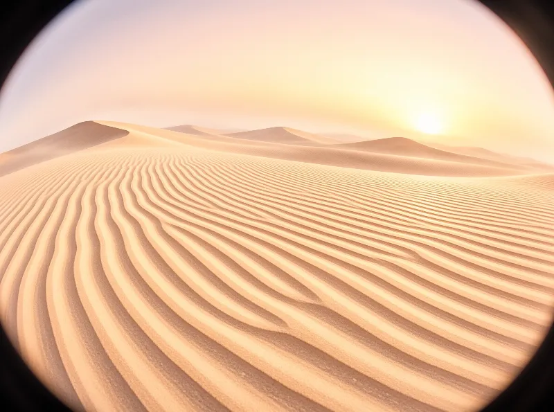 Warm orange sand ripples curve across a vast desert landscape while the sun hangs low on the horizon