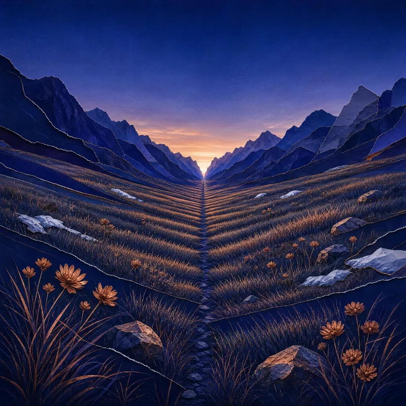 A stone path winds through a mountain valley at dusk, flanked by golden flowers and grass, with layered blue mountains in the distance