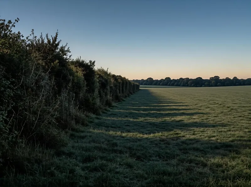 A long hedge runs alongside a vast, dewy countryside field under soft early morning light.