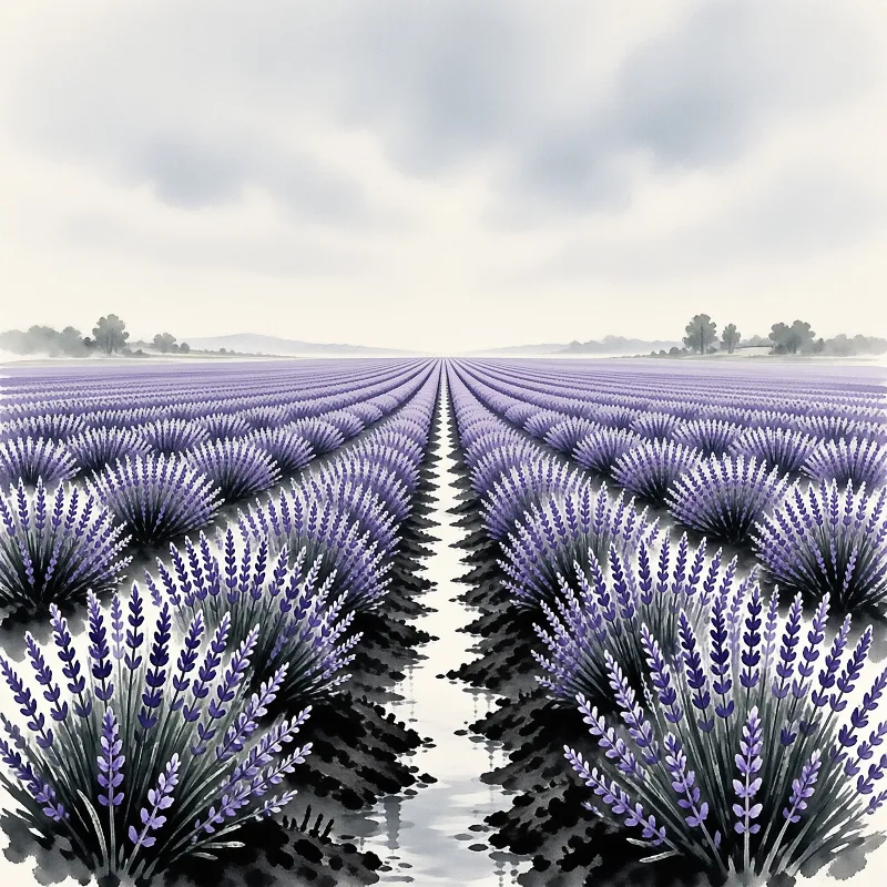 Symmetrical rows of purple flowers stretch across a flat agricultural landscape, converging toward a foggy horizon where silhouettes of trees and low hills are visible beneath a soft grey sky.