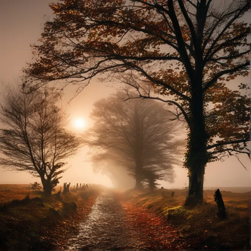 A dirt path winds through a foggy landscape with large trees casting long shadows under a bright sun.