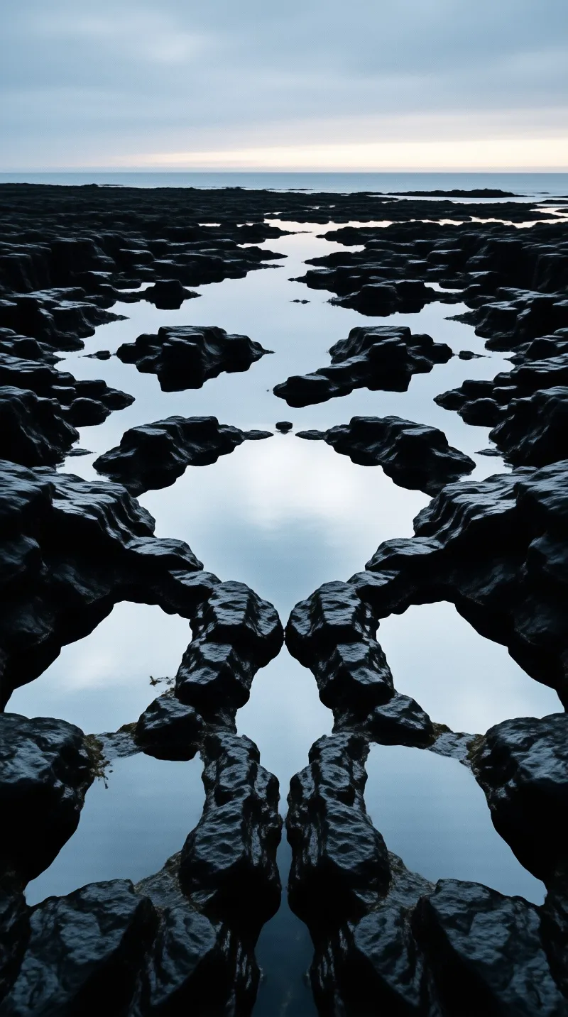 Dark volcanic rock pools reflect a soft overcast sky along a calm shoreline at dusk.