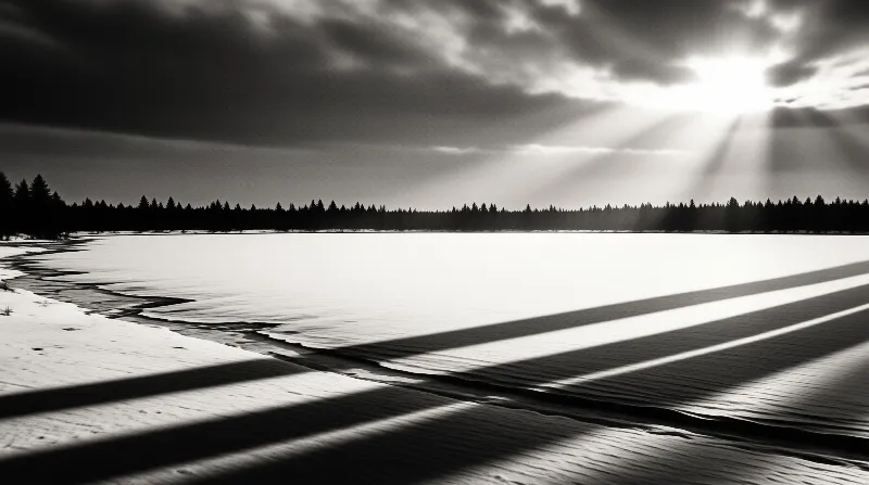 A frozen lake stretches toward a dark forest line while dramatic sunbeams cast long shadows across the snowy ground.