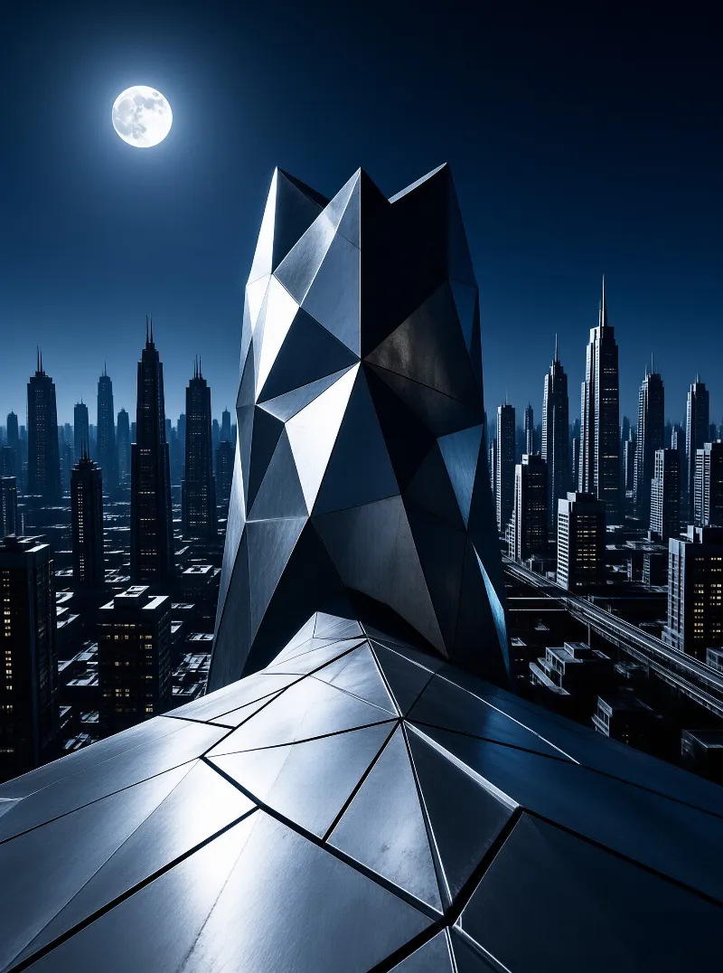 Futuristic angular skyscraper with metallic facade overlooking dense city under bright full moon