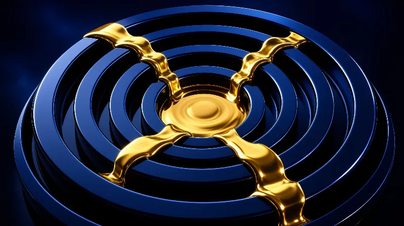 A shiny gold four-pointed shape sits in the center of deep blue concentric rings with strong light reflections.
