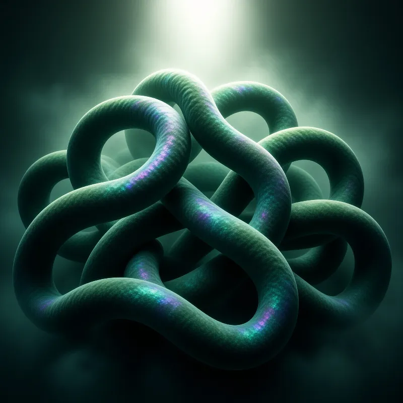 A complex network of glowing green and blue fiber strands coils through a misty dark space with a bright light source above.