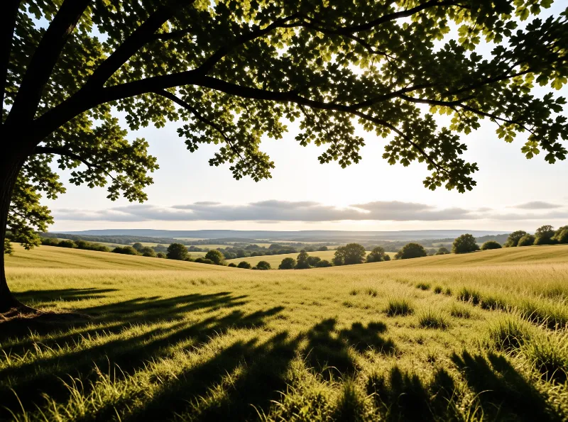 Large oak branches frame a sunlit meadow where long shadows stretch across the grass toward distant rolling hills.