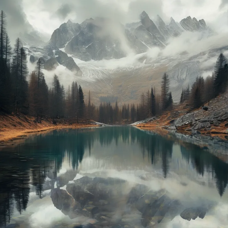 Sharp rocky formations tower over a quiet inlet where the surface mirrors the overcast atmosphere and trees.