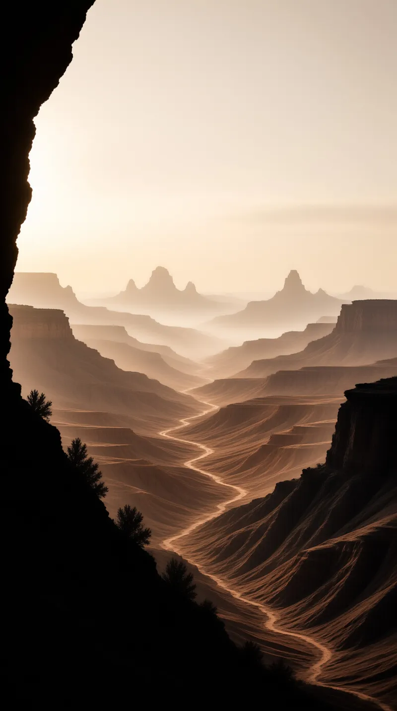 A winding river cuts through a layered canyon in warm sepia tones with silhouetted rocks on the left and misty peaks beyond.