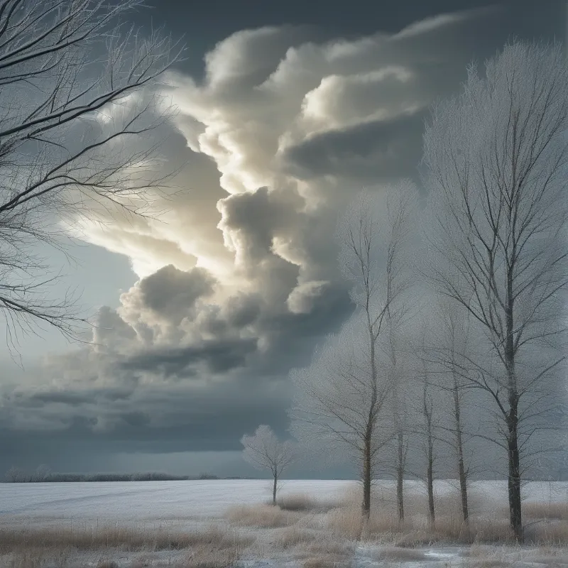 Leafless trees coated in hoarfrost stand at the edge of a snowfield under a massive pale grey cloud.