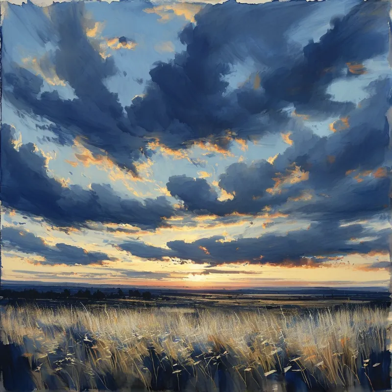 Heavy blue clouds with golden edges loom over a field of tall dry grass during a vibrant sunset.