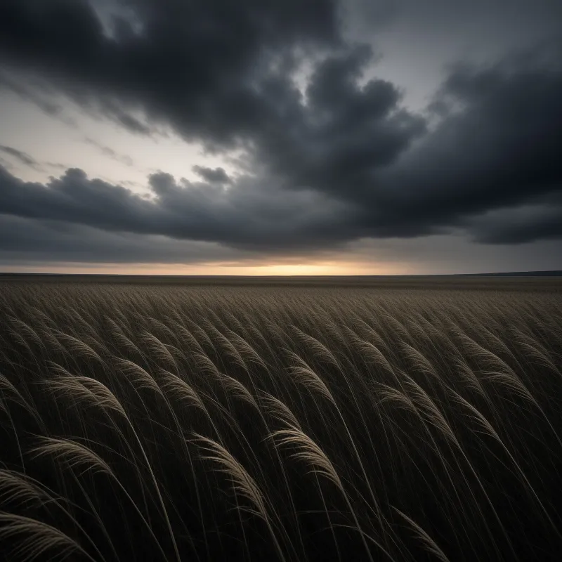 Rows of dry wheat curve across a flat landscape beneath a sky filled with dark grey clouds and a distant strip of light.