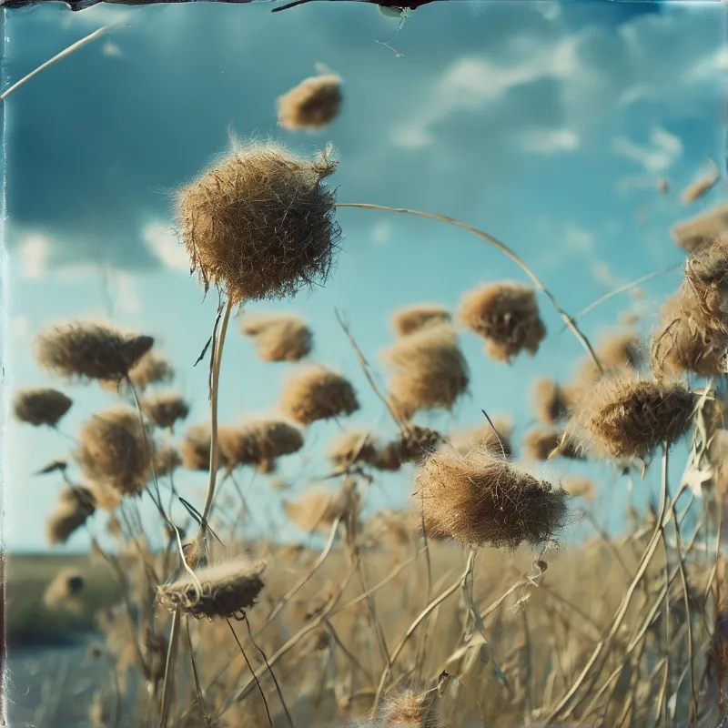 Fluffy dried thistle seed heads sway in a sunlit field beneath a bright blue sky with scattered clouds