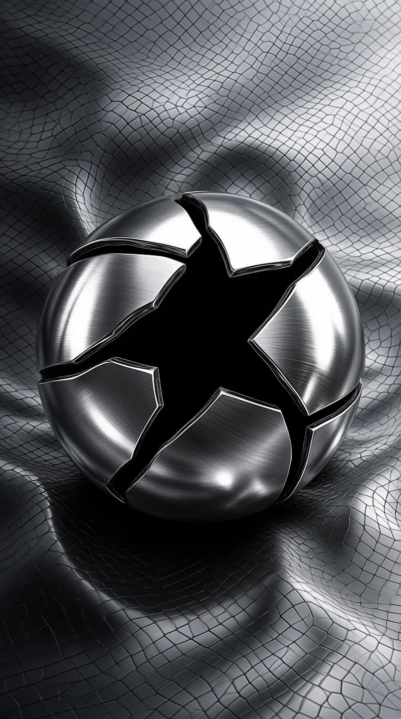 A brushed steel sphere split by a dark jagged fissure rests on rippled silver fabric that glints with soft highlights.