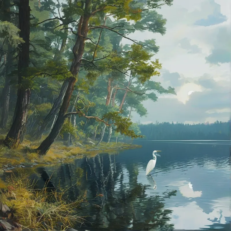 A solitary white heron stands in the shallow water of a calm lake surrounded by tall trees under a bright cloudy sky.