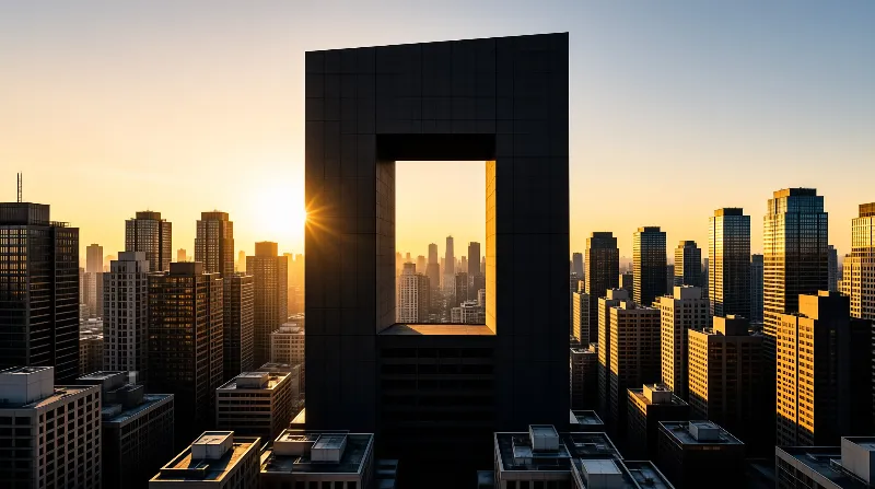 A dark square cutout tower rises over the city skyline at golden hour, with sunlight glinting off surrounding highrise facades.