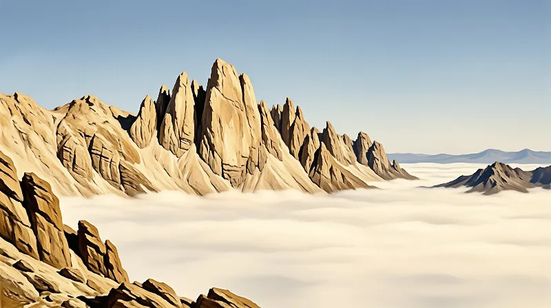 Golden rocky peaks rise above a thick layer of white mist under a clear blue sky with sharp shadows defining the surface.