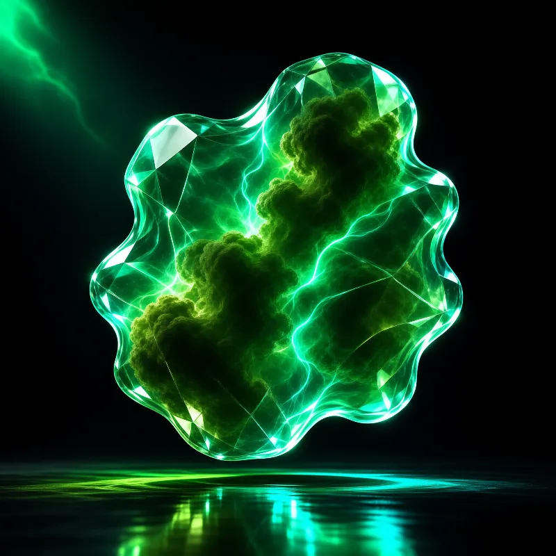 A luminous translucent green crystal encloses a swirling dark cloud, resting above a reflective dark surface.