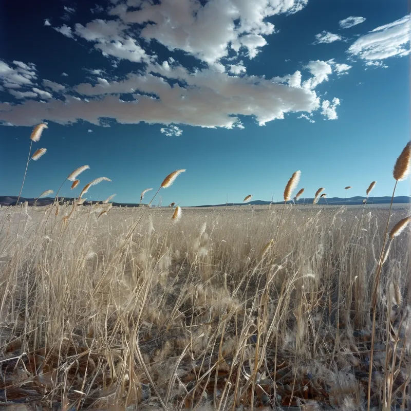 Dry grasses sway in a sunlit field beneath a vivid blue sky dotted with white clouds.