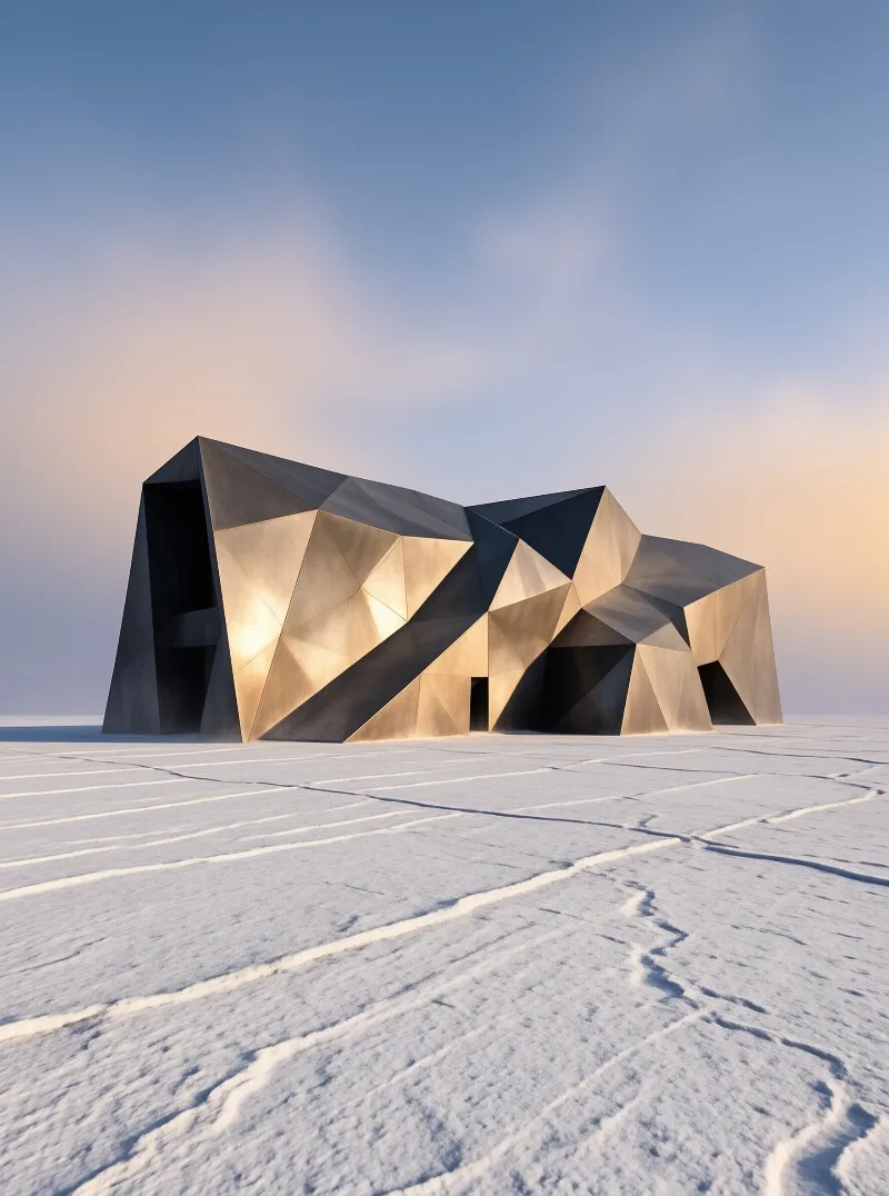A low building made of angled bronze panels sits on cracked ice, its facets glowing where the setting sun strikes them.