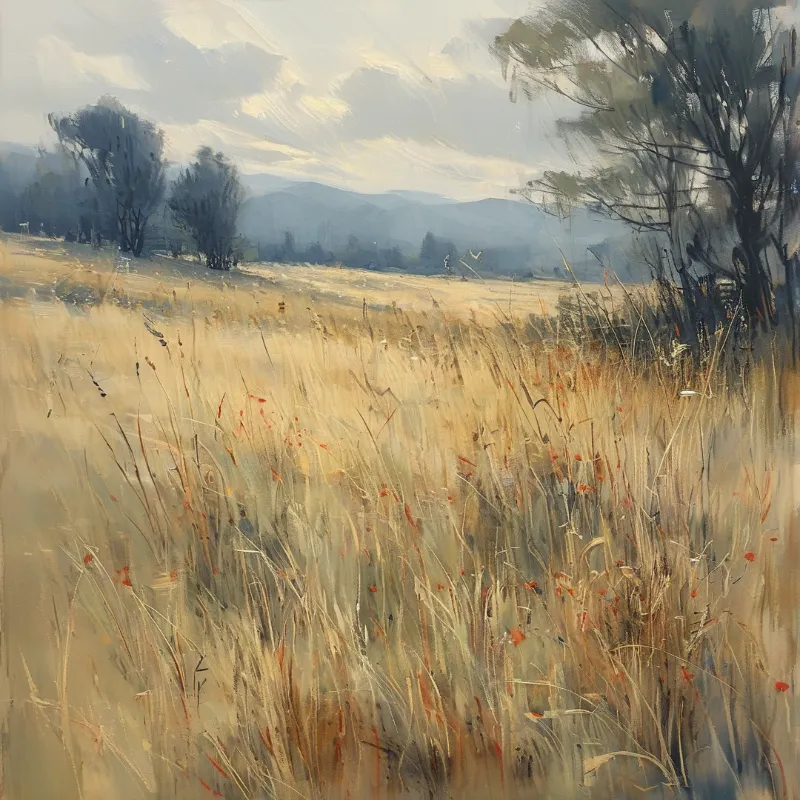 A painterly landscape shows a vast field of tall golden grasses with red wildflowers and a dark tree under a cloudy sky.