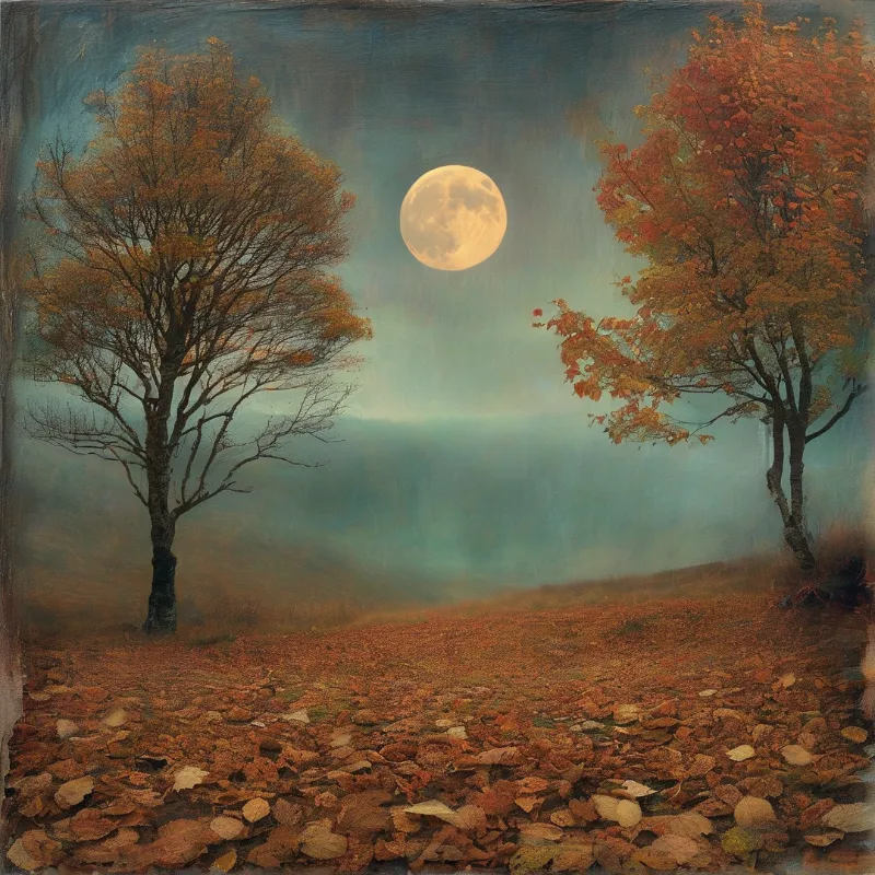 A full moon glows above a field covered in orange autumn leaves, framed by two trees on either side of a misty valley.