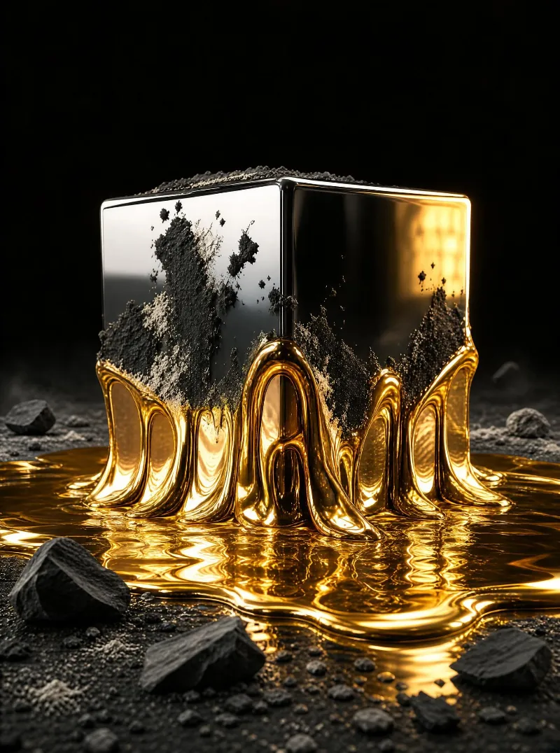 A metallic cube with golden liquid dripping down its sides onto a dark, rocky surface, surrounded by scattered dark rocks.