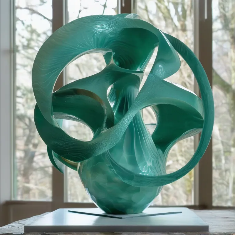 A translucent teal glass sculpture with swirling forms stands on a pedestal near a window overlooking bare trees.
